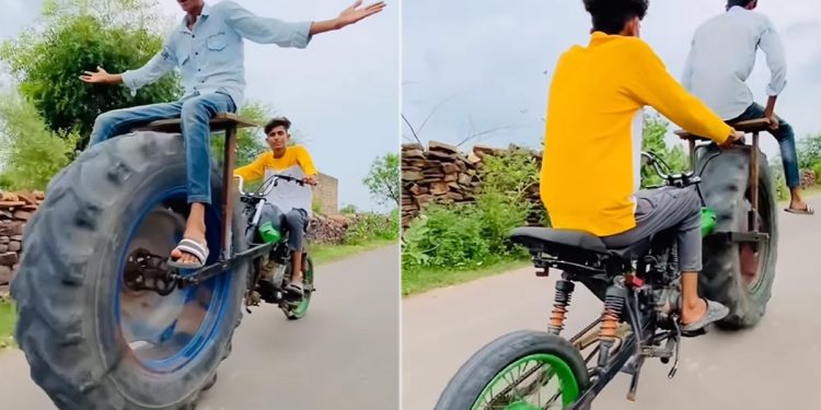 This desi jugaad is amazing, put a tractor wheel in front of the bike, sit on it and ride like a king